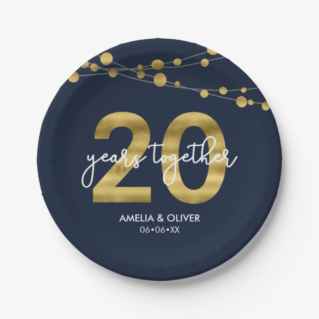 Blue Strings of Lights 20th Anniversary Party Paper Plate (Front)