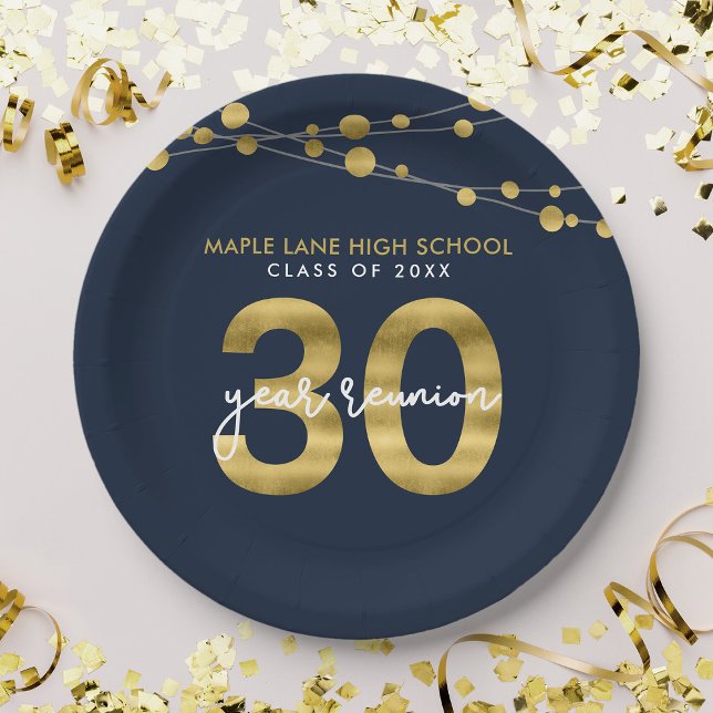 Blue Strings of Lights 30 Year Class Reunion Paper Plate (Creator Uploaded)