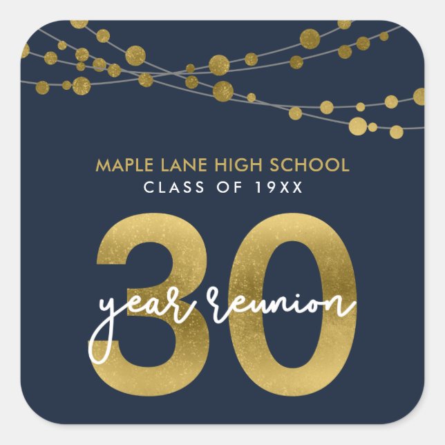 Blue Strings of Lights 30 Year Class Reunion Square Sticker (Front)