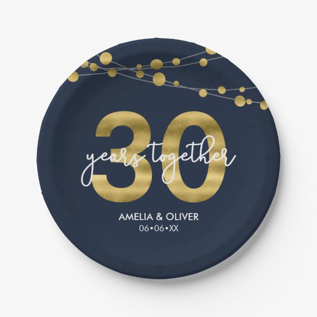Blue Strings of Lights 30th Anniversary Party Paper Plate (Front)