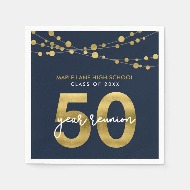 Blue Strings of Lights 50 Year Class Reunion Napkin (Front)