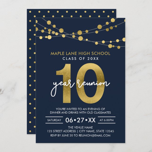 Blue Strings of Lights Ten Year Class Reunion Invitation (Front/Back)