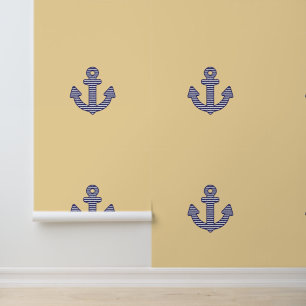 Blue Stripe Anchor Kids Nautical Cream Wallpaper