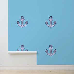 Blue Stripe Anchor Kids Nautical Lt Blue Wallpaper