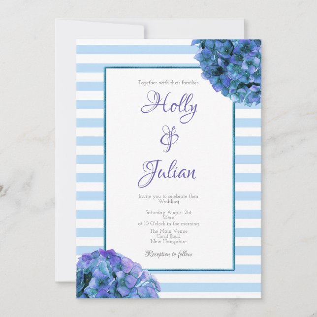 Blue Stripe and Floral Wedding Invitation (Front)