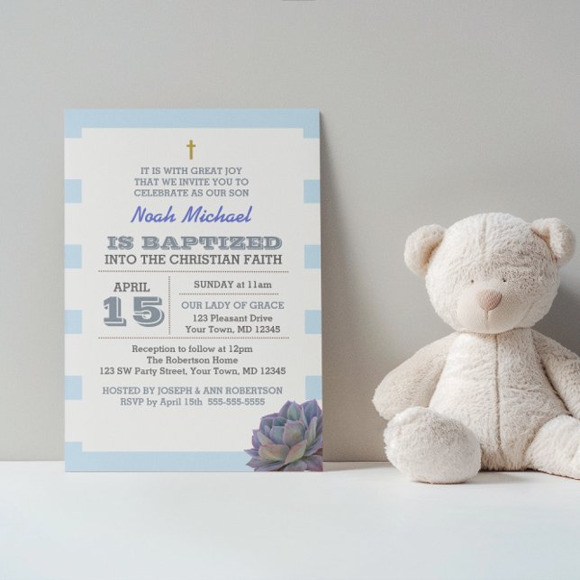 Blue Stripe and Succulent Boy's Baptism Invitation (Creator Uploaded)