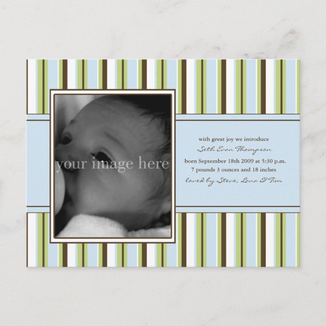 Blue Stripe Baby Announcement Postcard (Front)