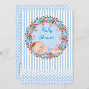 Blue Stripe Baby Shower Invitation with Sleeping