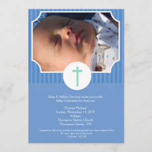 Blue Stripe Baptism Baby Dedication 5x7 photo Invitation