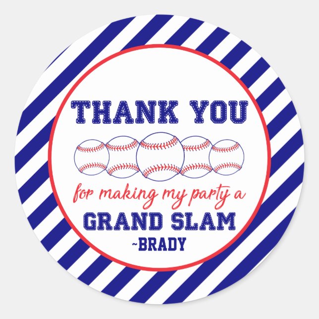 Blue Stripe Baseball Birthday Party Thank You Classic Round Sticker (Front)