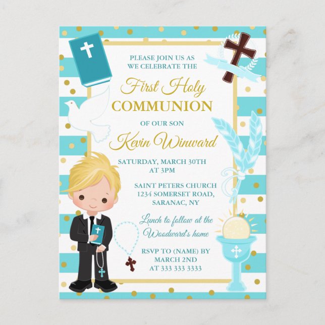 Blue Stripe Blonde Boy First Holy Communion Postca Postcard (Front)