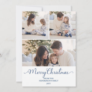 Blue Stripe Bow Family 3 Photo Christmas Holiday Card