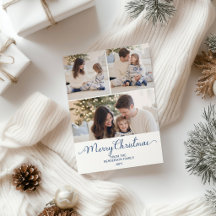 Blue Stripe Bow Family 3 Photo Christmas