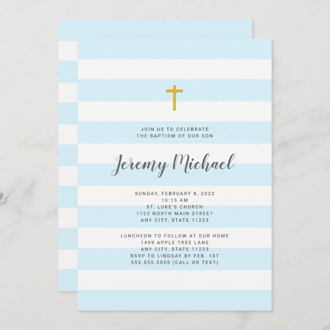 Blue Stripe Boy Baptism or First Communion invite (Front/Back)