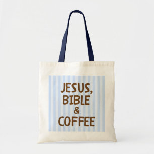 Blue Stripe Brown Letters Christian Coffee Lover's Tote Bag