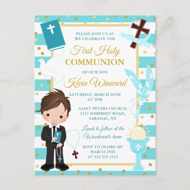 Blue Stripe Brunette Boy First Holy Communion Postcard (Front)