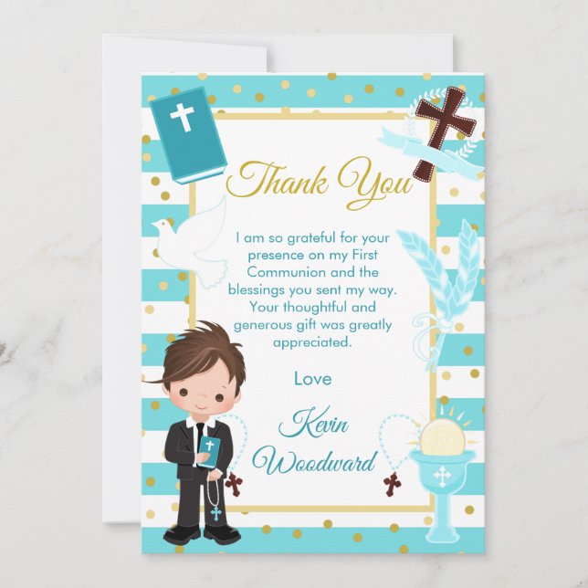 Blue Stripe Brunette Boy First Holy Communion Thank You Card (Front)