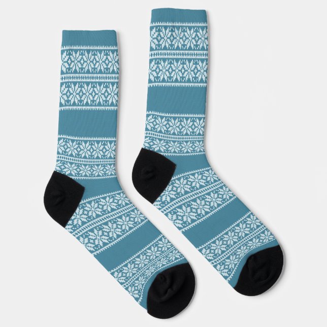 Blue Stripe Christmas Flower Pattern Socks (Right)