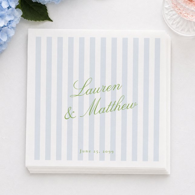 Blue Stripe Citrus Green Elegant Script Wedding  Napkin (Creator Uploaded)