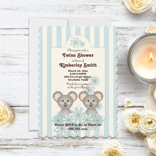 Blue Stripe Cute Koala Twin Boy Baby Shower Invitation
