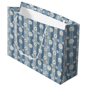 Blue Stripe Daisy Vintage Floral Pattern Large Gift Bag