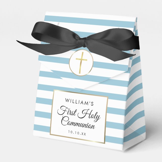 Blue Stripe Elegant Gold First Holy Communion Favour Box (Front Side)