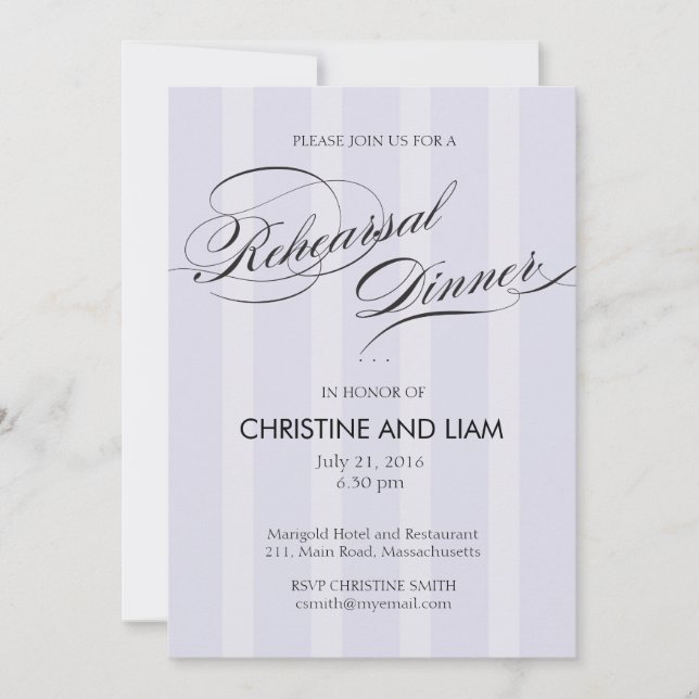 Blue Stripe Flourish Script Rehearsal Dinner Card (Front)
