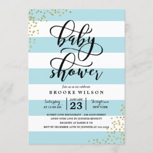 Blue Stripe Glitter Dots Baby Shower Invitation