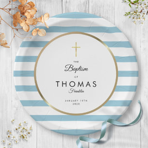Blue Stripe Gold Cross Baptism Christening Paper Plate