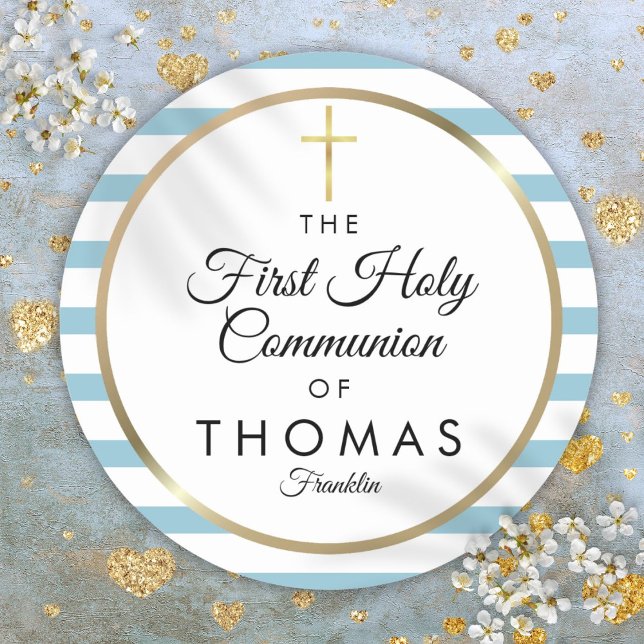 Blue Stripe Gold Cross First Holy Communion Classic Round Sticker (Blue Stripe Gold Cross First Holy Communion Classic Round Sticker)