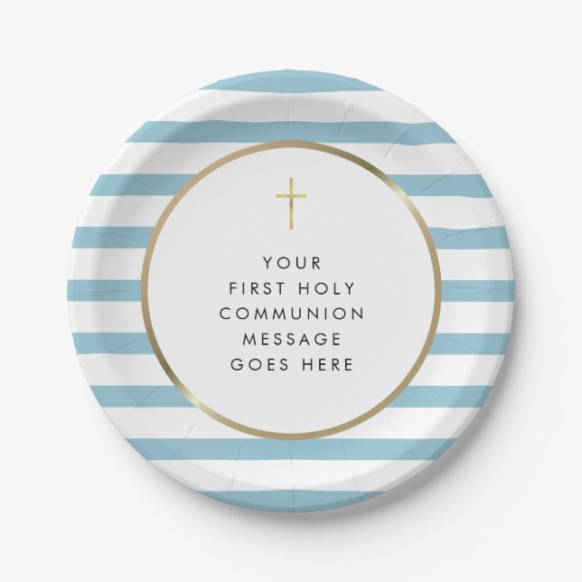 Blue Stripe Gold Cross Holy Communion Message Paper Plate (Front)