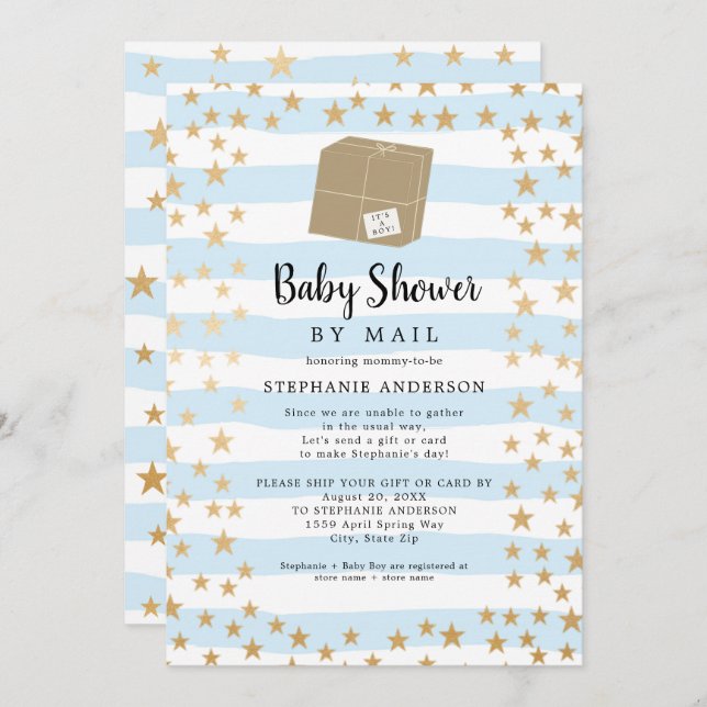 Blue Stripe + Gold Star Boy Baby Shower by mail Invitation (Front/Back)
