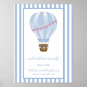 Blue Stripe Hot Air Balloon Baby Shower Welcome Poster
