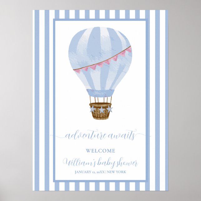 Blue Stripe Hot Air Balloon Baby Shower Welcome Poster (Front)