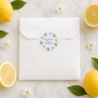 Blue Stripe Lemon Baby Shower Classic Round Sticker