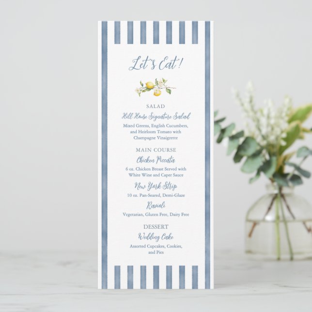Blue Stripe Lemon Floral Wedding Flat Menu (Standing Front)