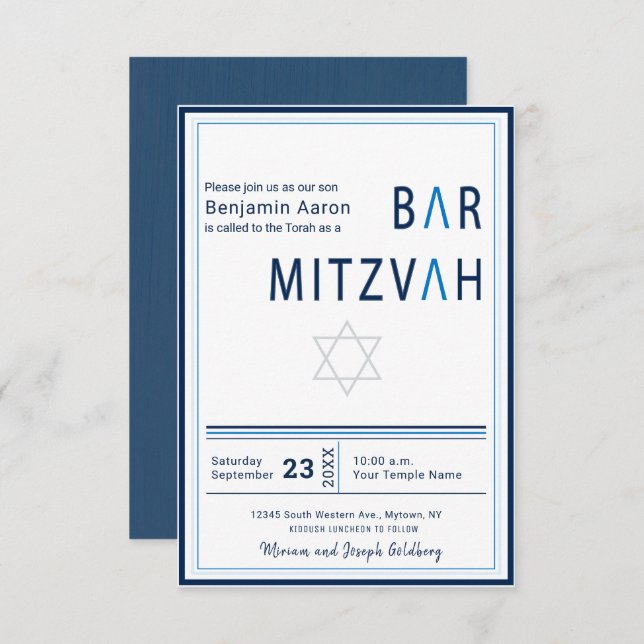 Blue Stripe Modern Bar Mitzvah Invitation (Front/Back)