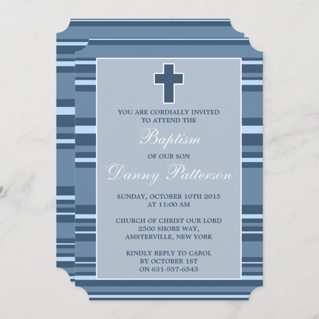 Blue Stripe Modern Cross First Holy Communion Invitation (Front/Back)