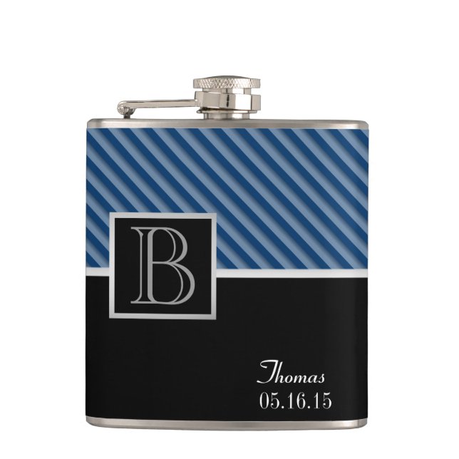 Blue Stripe Monogram with changeable colour Hip Flask (Front)