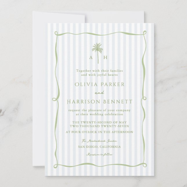 Blue Stripe Palm Tree Tropical Wedding Invitation (Front)