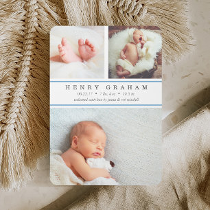 Blue Stripe Photo Collage Birth Announcement