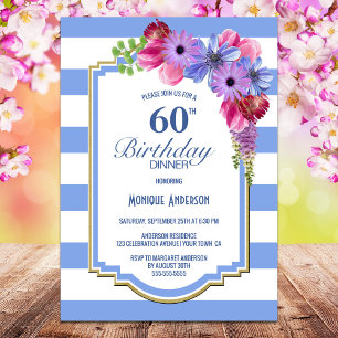 Blue Stripe Purple Floral 60th Birthday Invitation