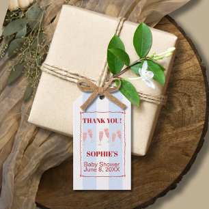 Blue Stripe Red Border Brunch & Bubbly Baby Shower Gift Tags