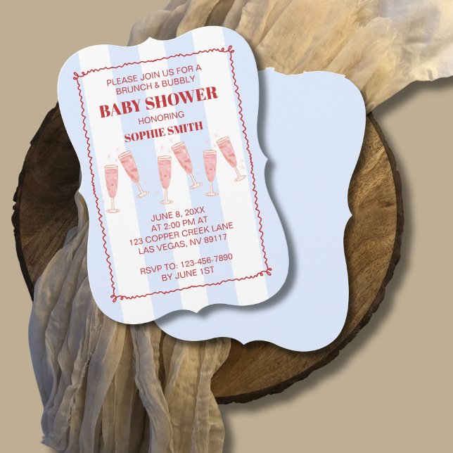 Blue Stripe Red Border Brunch & Bubbly Baby Shower Invitation (Creator Uploaded)