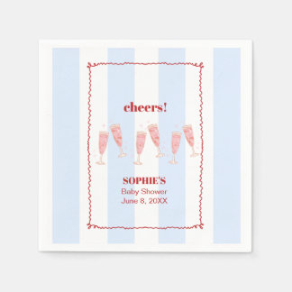 Blue Stripe Red Border Brunch & Bubbly Baby Shower Napkin
