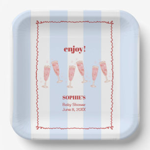 Blue Stripe Red Border Brunch & Bubbly Baby Shower Paper Plate