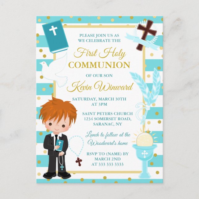 Blue Stripe Red Hair Boy First Holy Communion Postcard (Front)