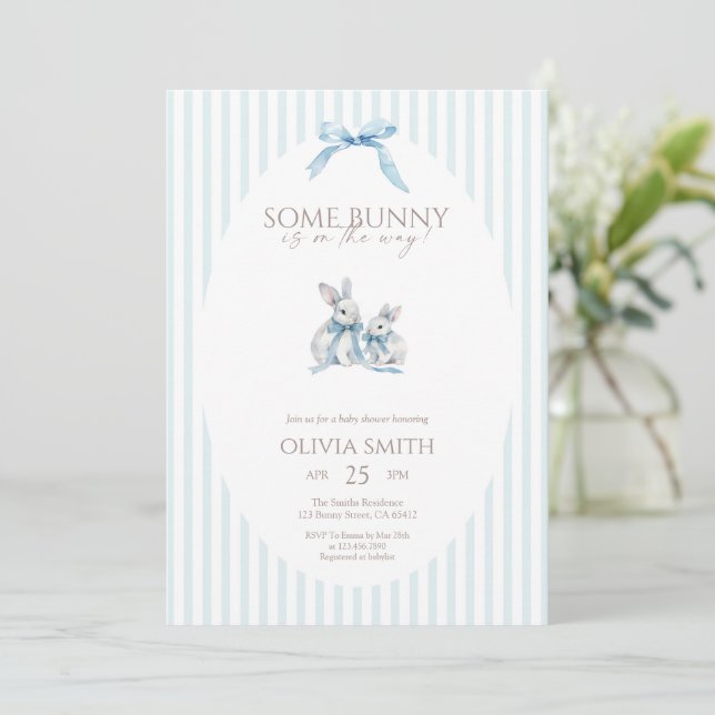 Blue Stripe Some Bunny Baby Shower Invitation (Standing Front)