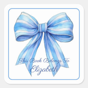 Blue Stripe Watercolor Bow Personalised Bookplate Square Sticker