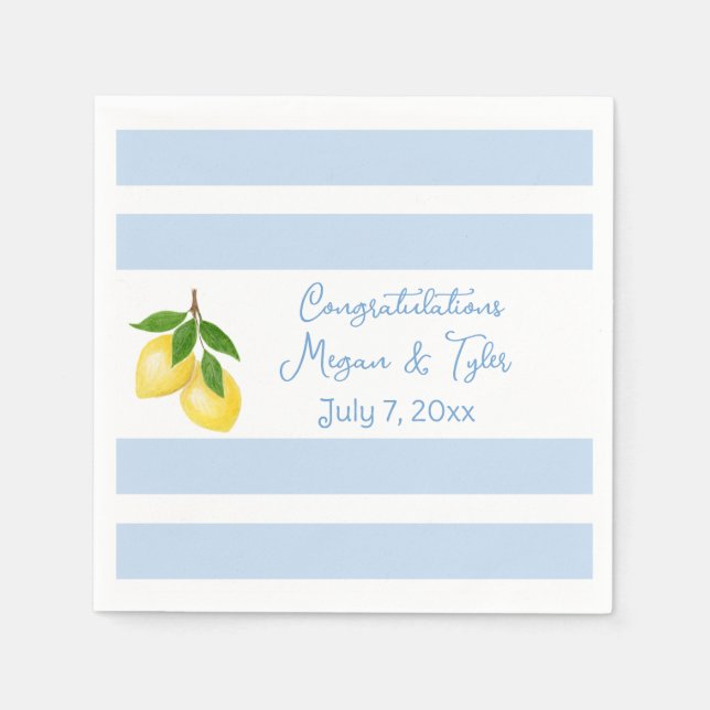 Blue Stripe Watercolor Lemons PERSONALIZED  Napkin (Front)